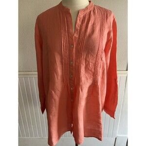 J Jill Love Linen Tunic Blouse Pintuck Pleats 100% Linen Coral Pink Petite L